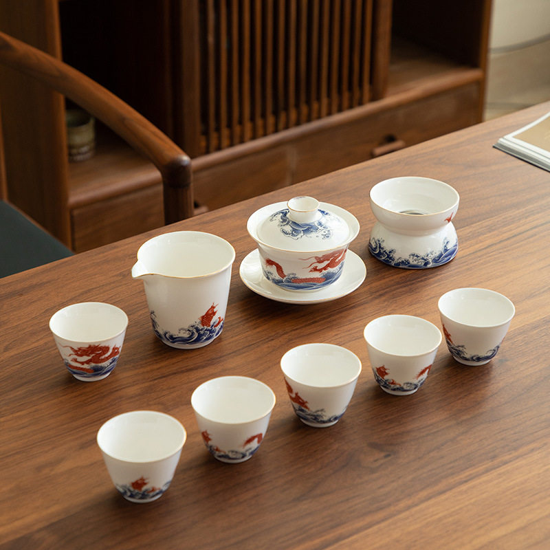 德化陶瓷茶具套装功夫泡茶专用喝茶家用高档轻奢盖碗鱼跃龙门
