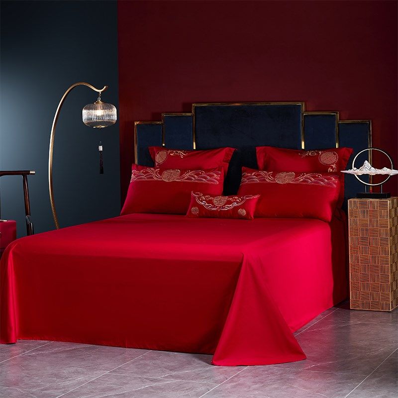 高端中式200S长绒棉结婚四件套红色重工刺绣龙凤被套婚庆床上用品