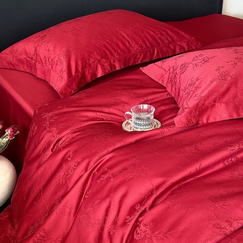 高级感婚庆长绒棉纯棉四件套轻奢风提花结婚被套床上用品喜嫁红色