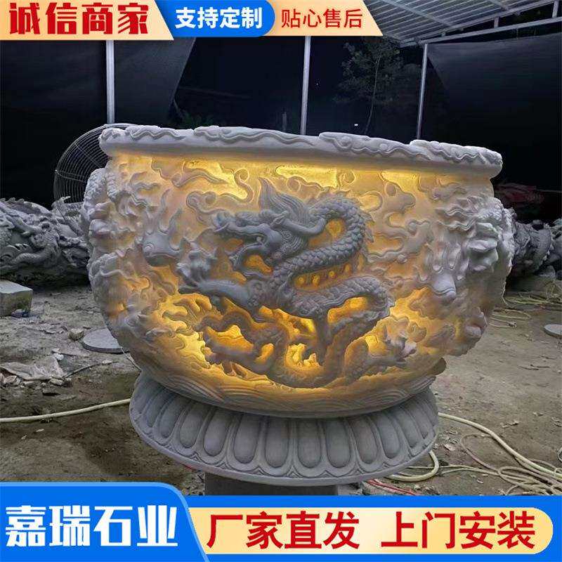 石雕鱼缸花盆别墅庭院浮雕荷花鱼缸 庭院鱼池仿古青石仿古鱼缸