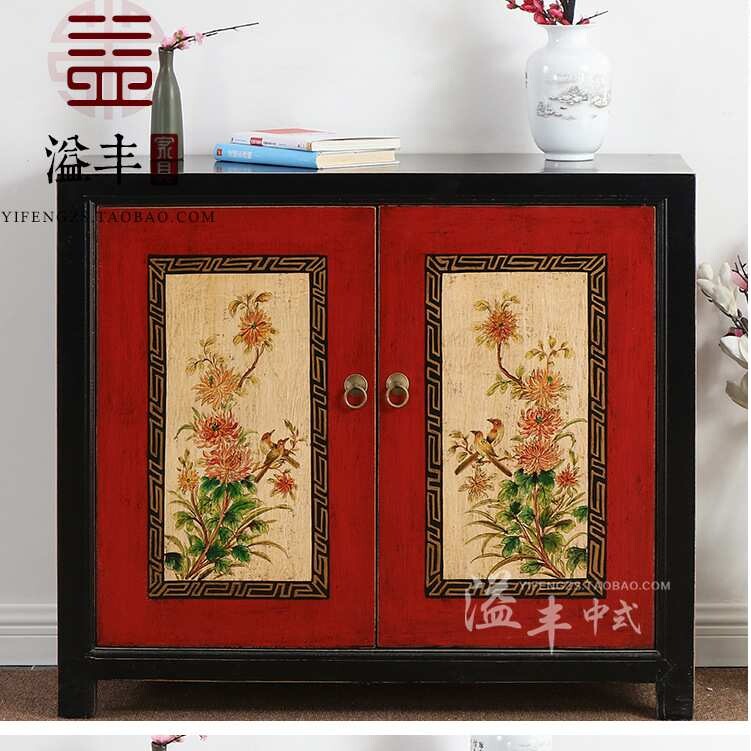 新古典实木入户鞋柜小户型彩绘玄关储物柜仿古卯榫装饰酒店家具