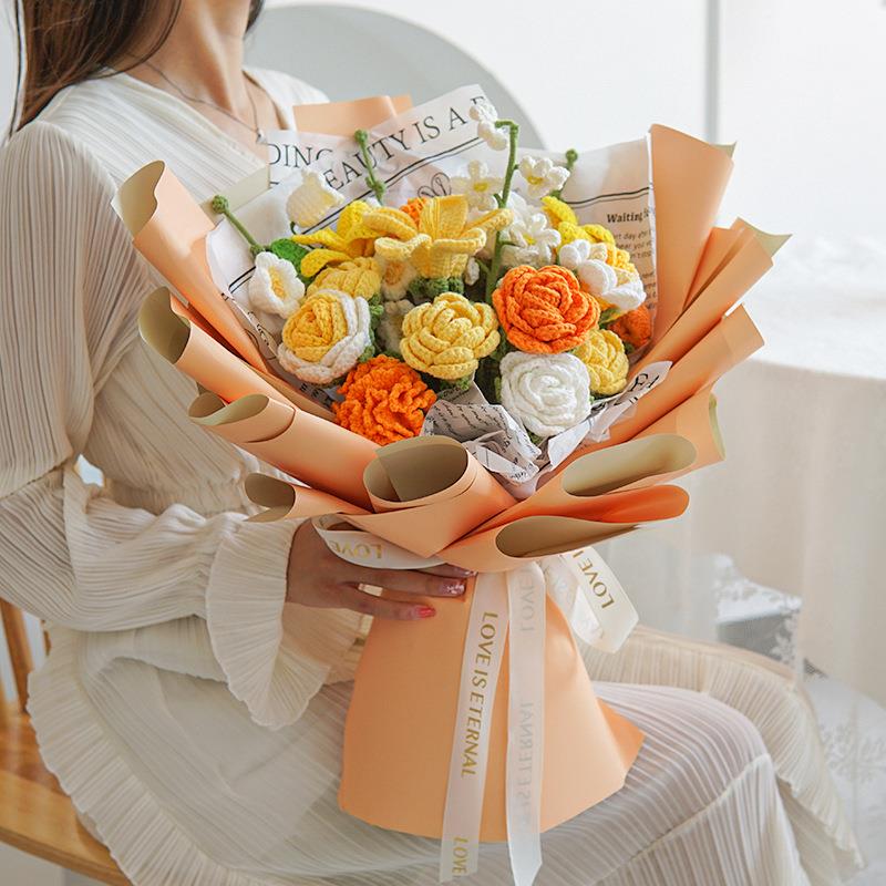手工编织毛线花束成品牡丹混搭仿真花礼品精美假花带包装发货