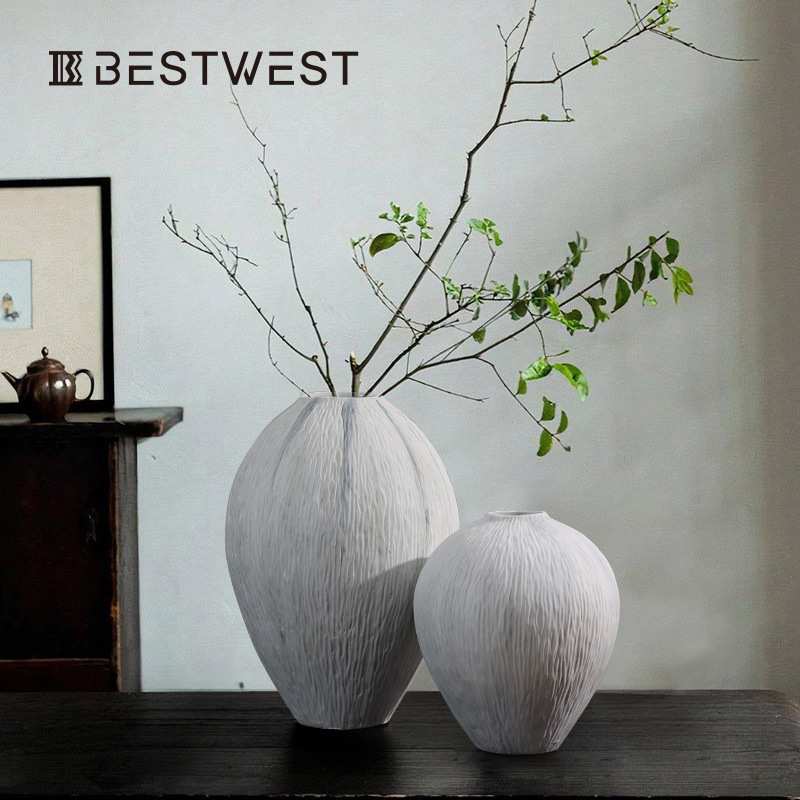 Best west 白色陶瓷大肚哈密瓜花瓶陶罐家居客厅高级感新中式软装