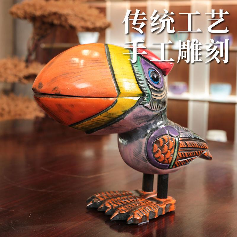 山桃木中式家居装饰品实木手工雕刻彩绘鸟创意招财玄关客厅摆件