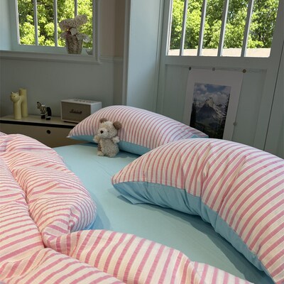 少女心色织水洗棉提花条纹全棉四件套1.5m1.8蓝色纯棉床单三件套