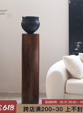 中古风实木墩底座圆形柱子雕塑台民宿客厅沙发侧装饰品炭化木花器