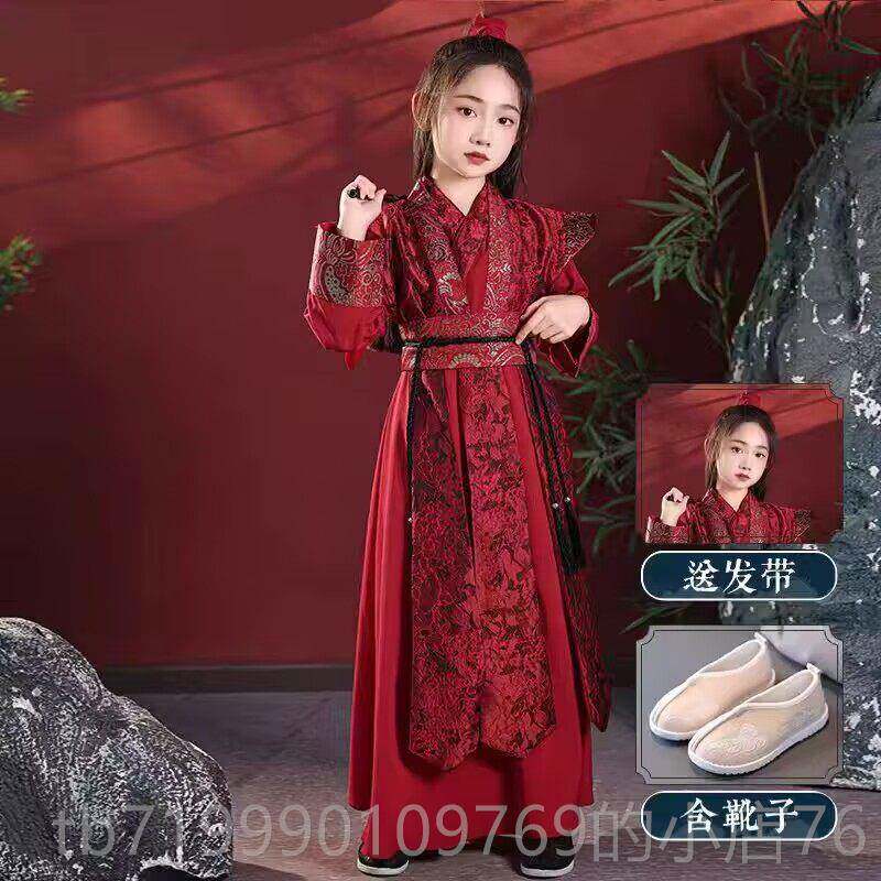 高档女童木兰汉古服春秋风花装古走秀武侠演出服红色儿童霸气服装