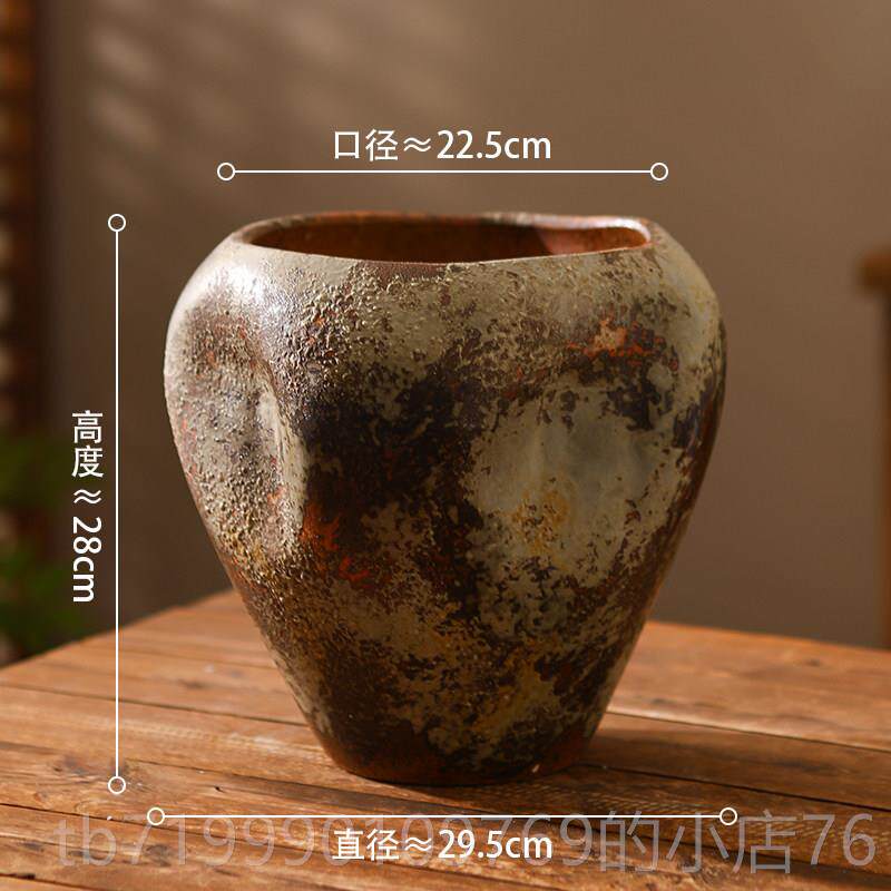 高档景德镇工陶花瓶复古手做旧捏花器诧寂风意花盆大口瓷径禅意创