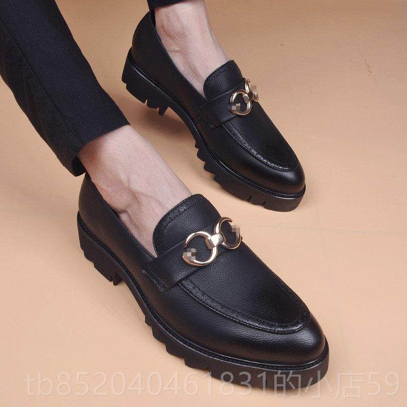 高档尖头皮鞋男韩版底厚内增高布洛克潮休鞋子脚蹬一漆皮商务闲