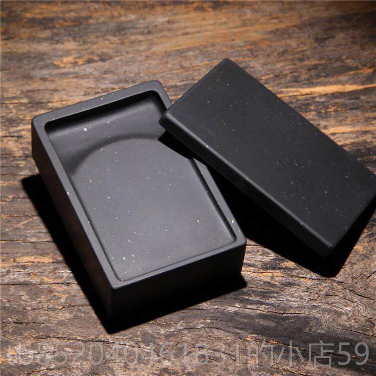 高档中精歙砚/带盖工长方素砚迷你金星砚台歙砚原石手国小楷品砚