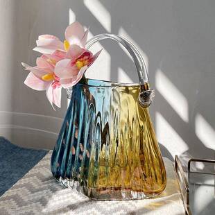 轻奢手提袋包包花瓶提篮透明玻璃花瓶客厅装饰摆件琉璃花器插花瓶