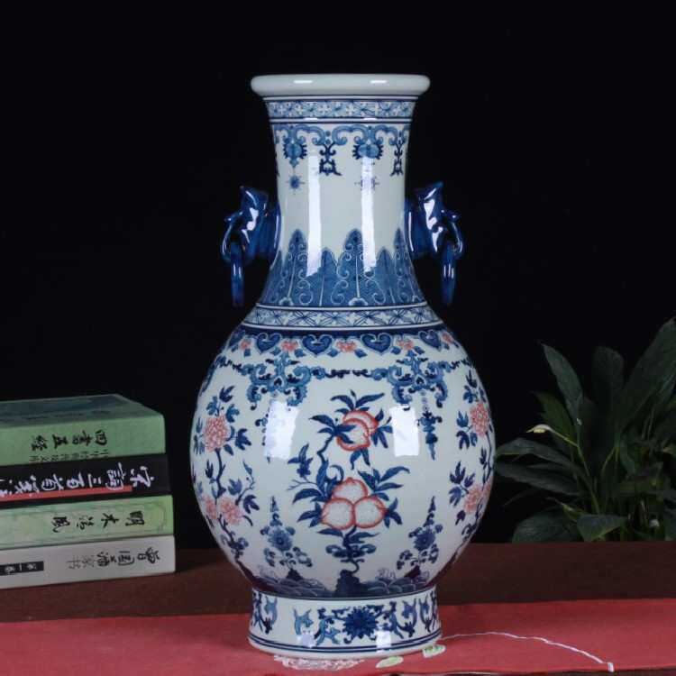 纯手工制作青花釉里红大号将军罐带盖 玄关柜台中式装饰品批