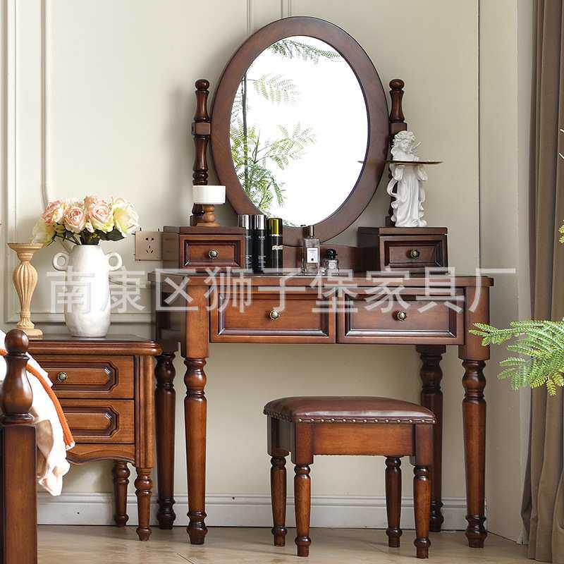 轻奢实木梳妆台卧室带镜子美式乡村化妆台凳子组合意式欧式白漆
