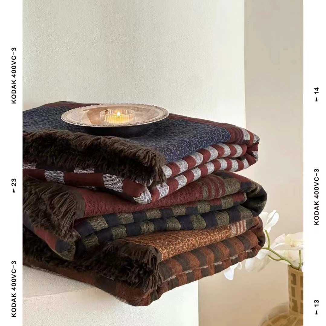 中古老钱风全棉纱布毯复古高级感沙发巾展厅装饰床上毯子蓬松透气