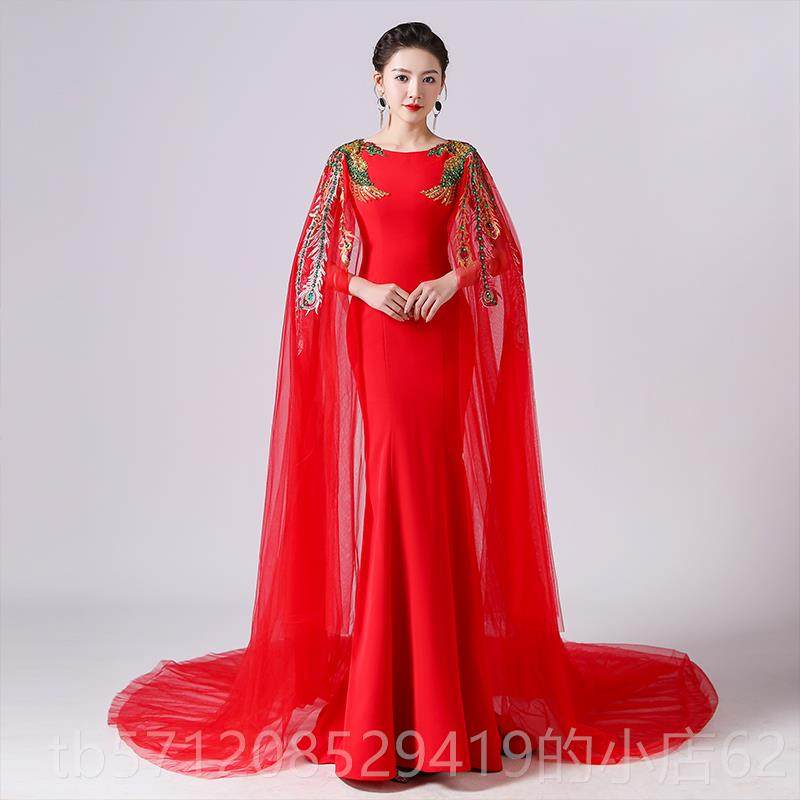 新款尾中国风古筝演出服女色成人年会红晚礼服鱼主持人模特走秀礼
