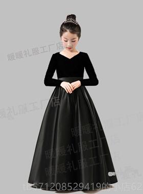 新款学生唱黑色袖女大童晚礼服钢琴小提琴合演出服春夏团乐弹长力