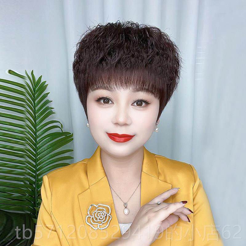 新款假年发女短发中老女士真发全发真人头羊毛卷短卷发套