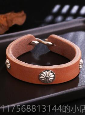正品宽版手工真皮枥木鞍花革925银菊钉桥覆高吾郎风格古皮手环手