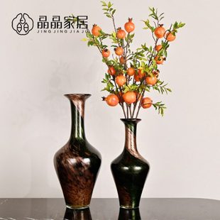 中式居家黑金孔雀绿细长创意玻璃花瓶奢华插花装饰品黑色桌面摆件