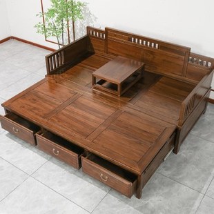 老榆木胡桃色中式实木推拉罗汉床沙发新中式折叠沙发床两用储物