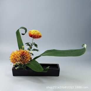 剑山陶瓷花器日式小原流长方形盘花排列式长角水盘底座插花器皿