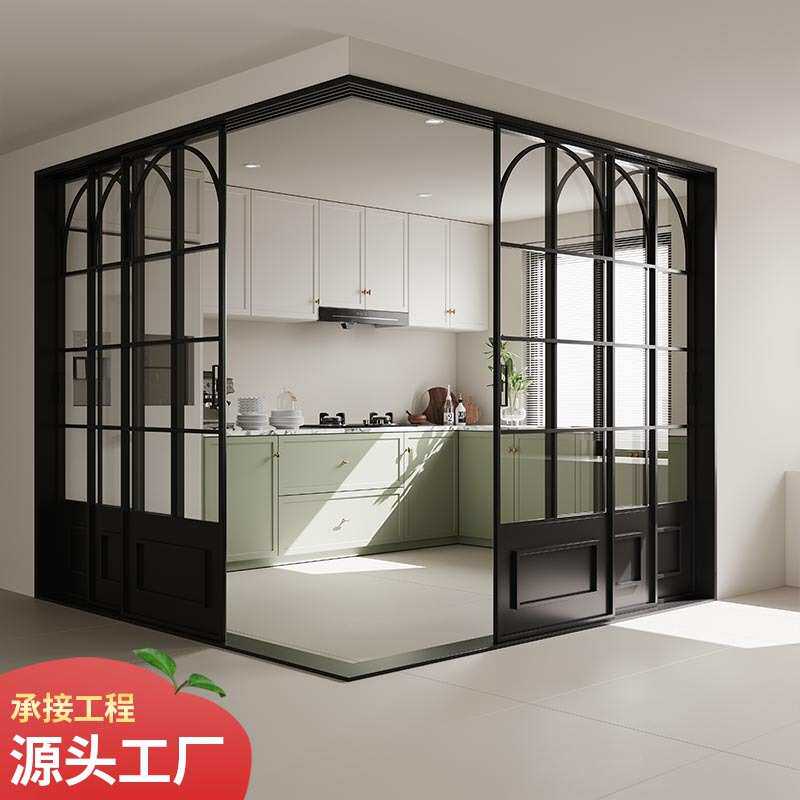 梦古吊轨推拉门黑色三联动客厅厨房极窄铝合金转角吊滑移门定制
