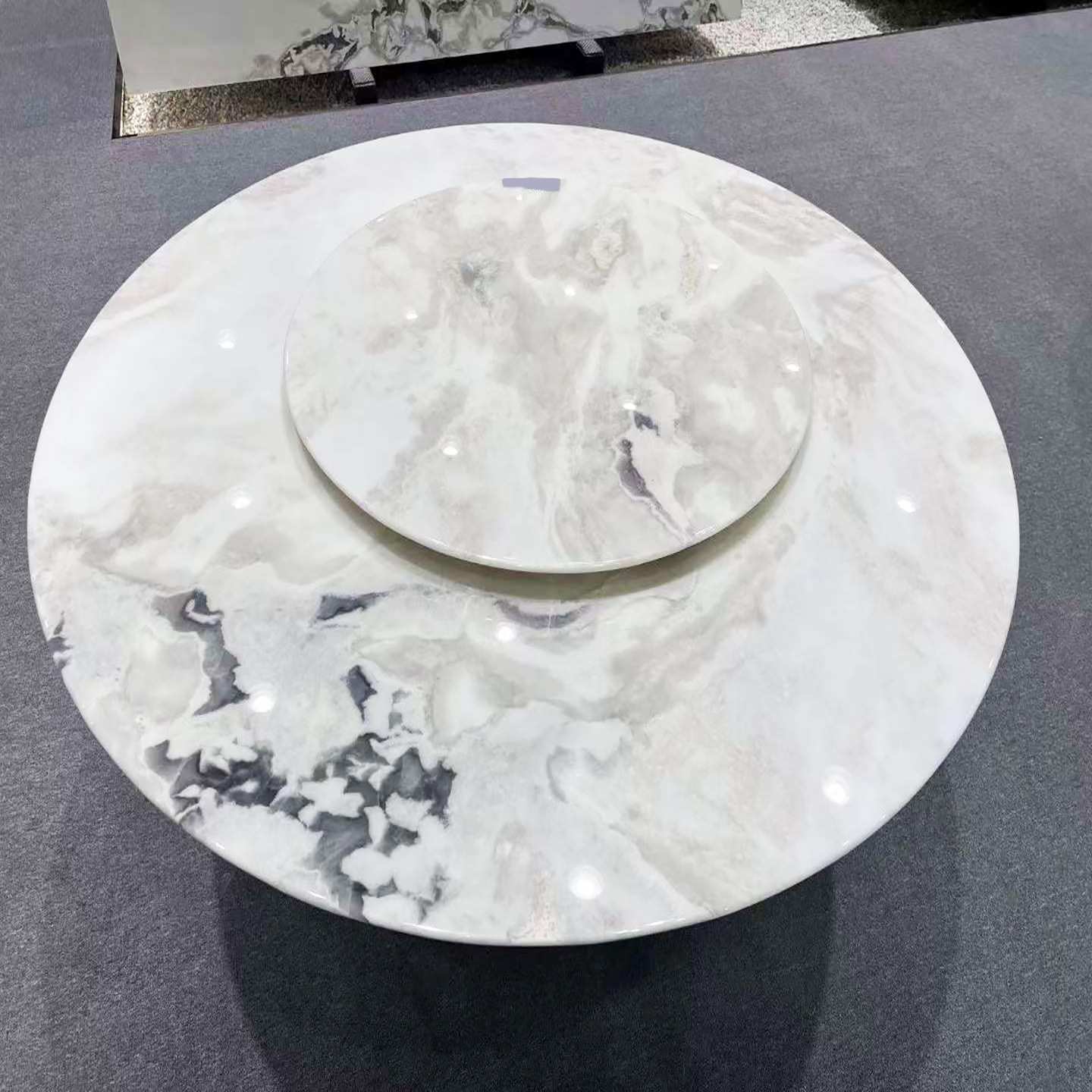 分迪白奢石圆形餐桌带转盘天然大理石茶几桌子电视背景墙
