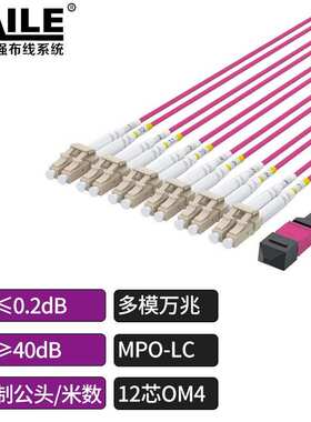 多模万兆MPO-LC12芯 40G转10G/100G转25G多模万兆OM4 MPO分支1米