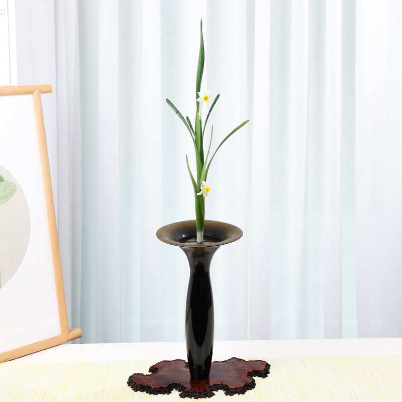 剑山池坊自由花器若竹鍋長铜器插花器皿插花器花道创意高脚