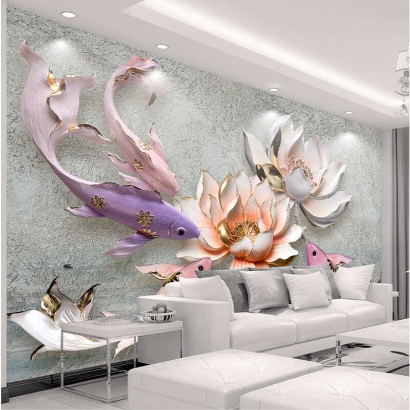 3D大气电视背景墙壁画墙布客厅影视墙壁纸沙发浮雕荷花鱼墙纸立体