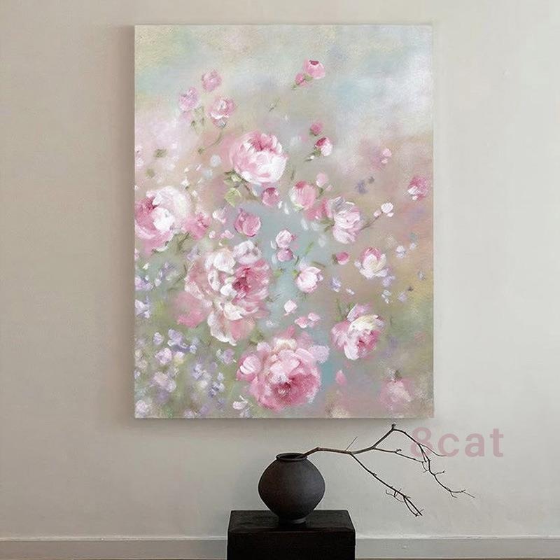 奶油风纯手绘油画植物玫瑰花卉肌理装饰画餐厅客厅玄关民宿挂画