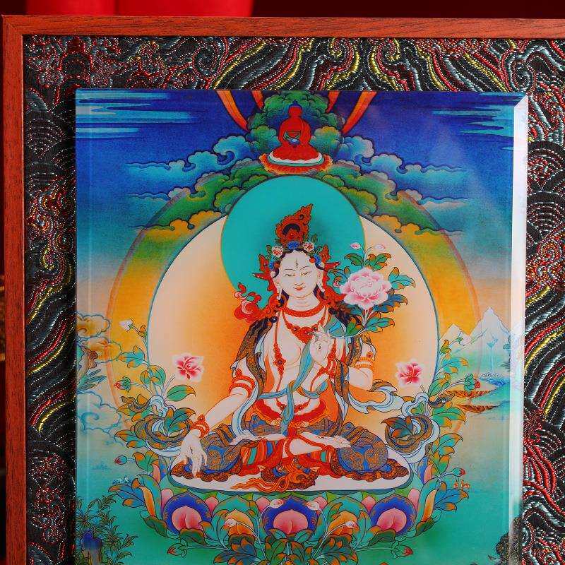 藏式白度母布艺实木玻璃相框摆件挂画装饰画家用十相自在唐卡图