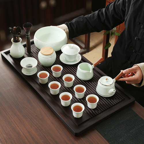 功夫茶具套装套餐简约家用办公翡翠绿侧把茶壶盖碗侧把洗茶道茶盘