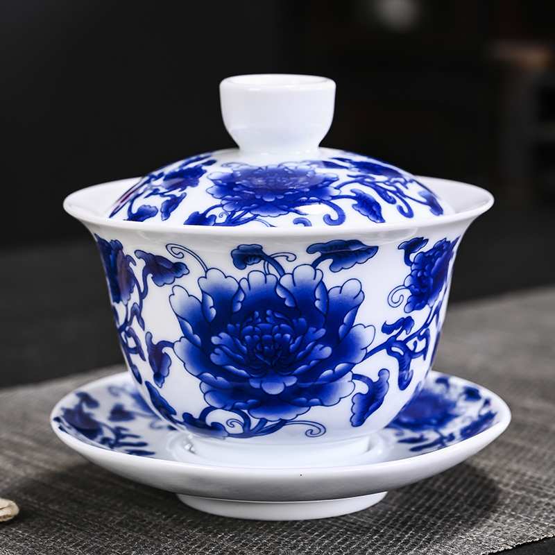 青花瓷三才盖碗茶具套装茶碗带盖大号单个功夫泡茶白陶瓷茶盏茶杯