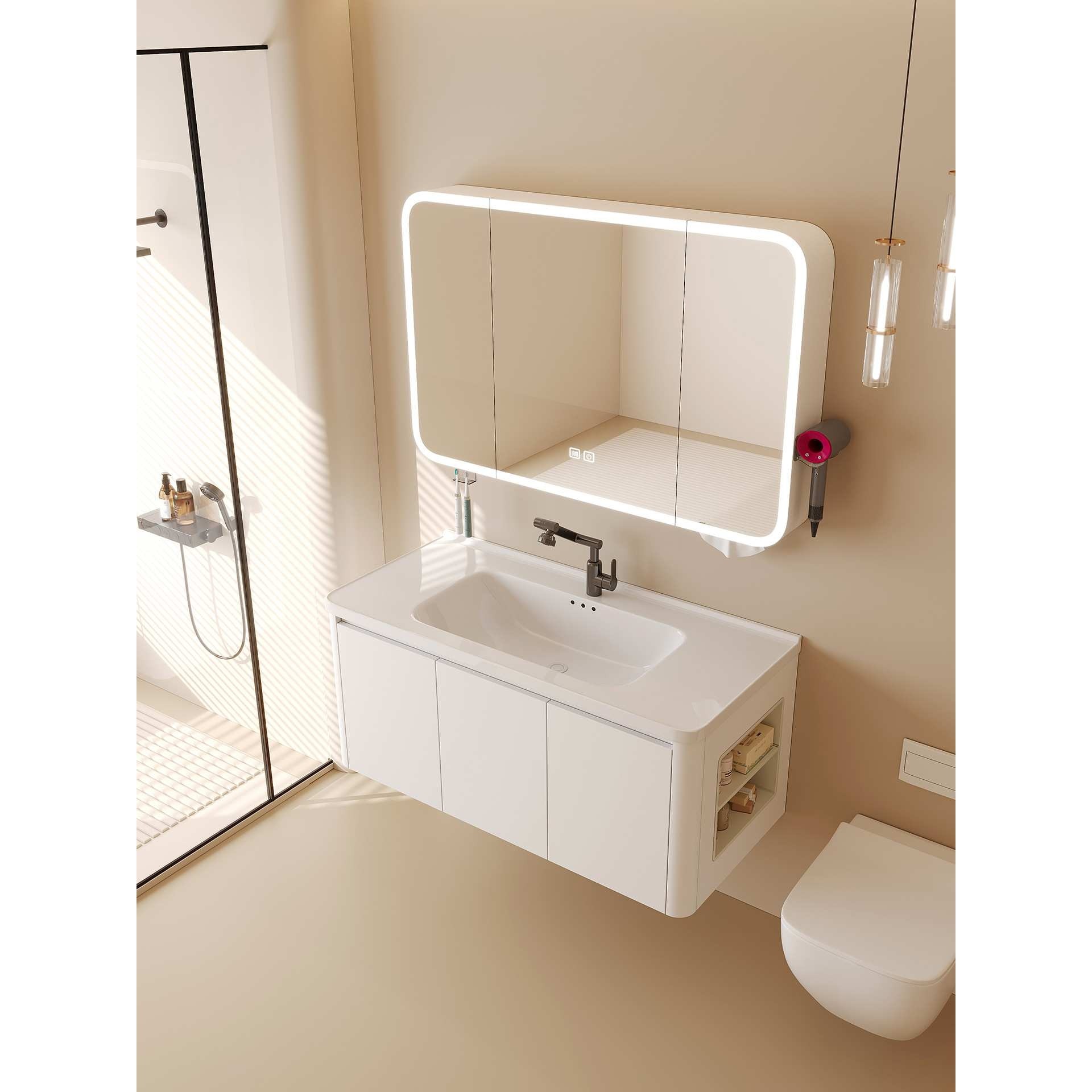 奶油风卫生间蜂窝铝浴室柜组合陶瓷一体洗手洗脸盆带侧柜美妆镜柜