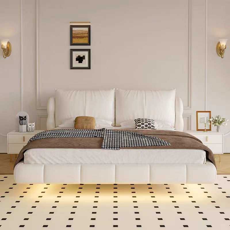 悬浮床带灯轻奢简约法式奶油风皮艺床双人床主卧室实木婚床泡芙床