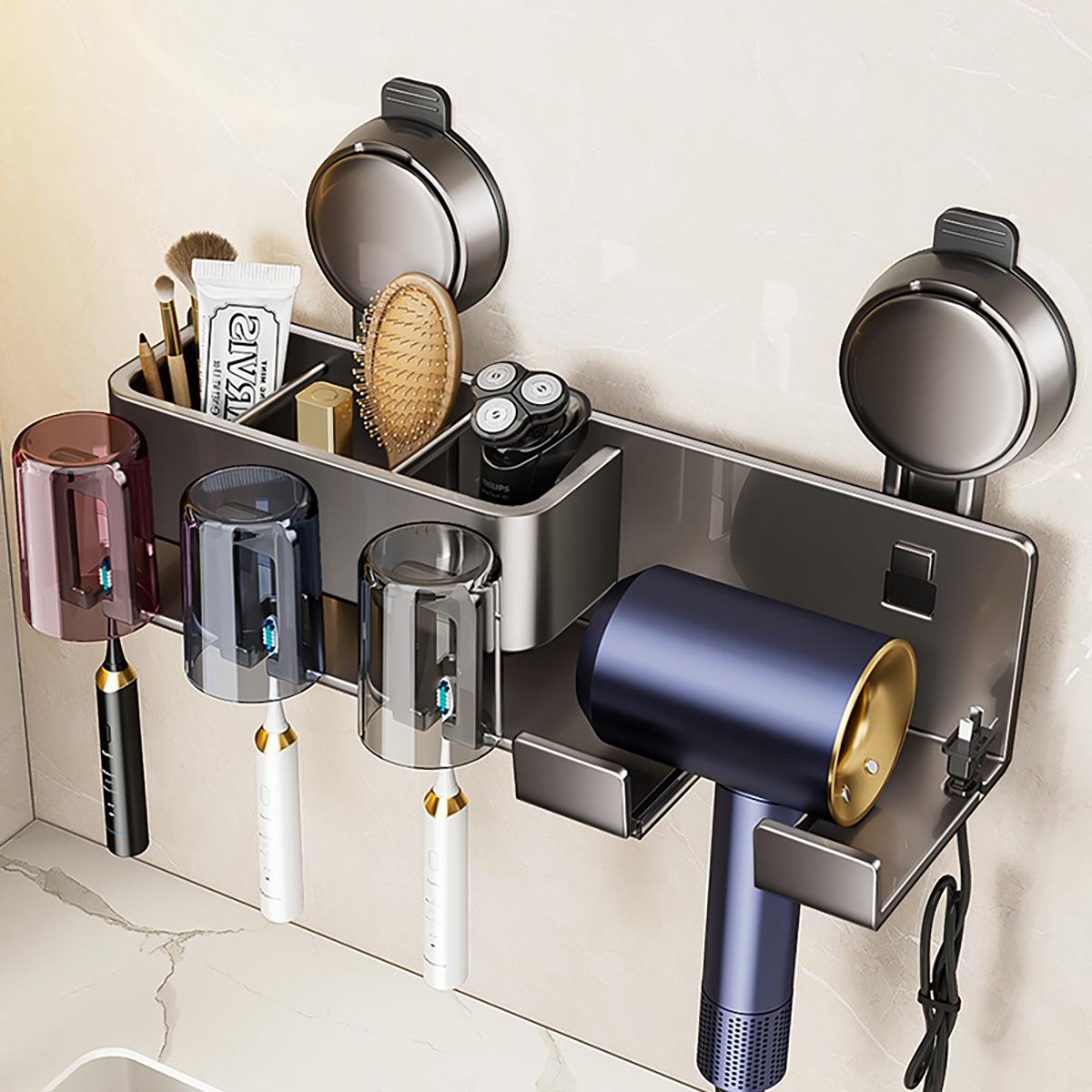 吹风机架子电吹风置物架带牙刷支架免打孔吸盘挂壁式收纳架铝制