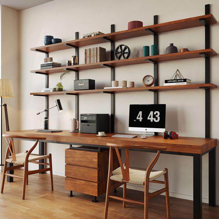 双人学生实木书桌书架组合家用卧室学习长条电脑桌书架一体