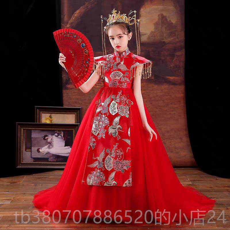 高档女童礼服走高端洋气国潮袍中儿童t台秀演出服高端旗拖尾洋气