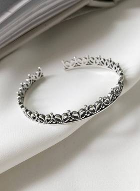 正品银皇手镯925纯银冠手镯女韩版气质开口环银镯子女王饰品手礼