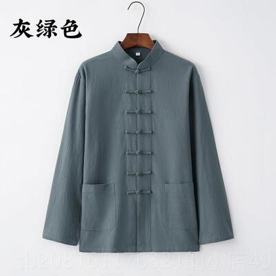 正品式棉麻装唐男袖男式茶装中国风男式长汉代打坐外行爸爸服