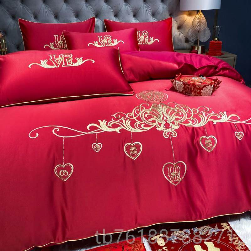新款高档奢单华欧式刺绣纯婚结庆四件套全棉大红色床被套棉婚床上