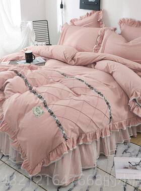 高档红款四件套全网纯棉水洗绿色床裙款i棉ns风公主花边被风套荷