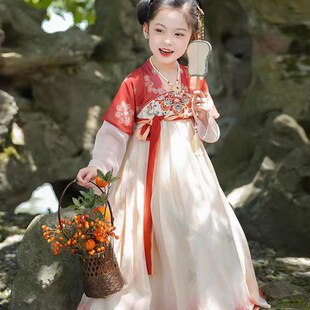 儿童汉服女童长安半袖唐代襦裙连衣裙郡主春秋夏季长袖假两件古装
