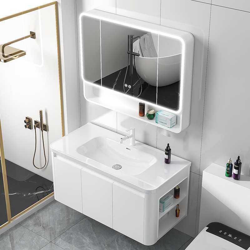 太空铝浴室柜带侧柜白色蜂窝铝收纳美妆柜洗脸盆一体陶瓷盆智能