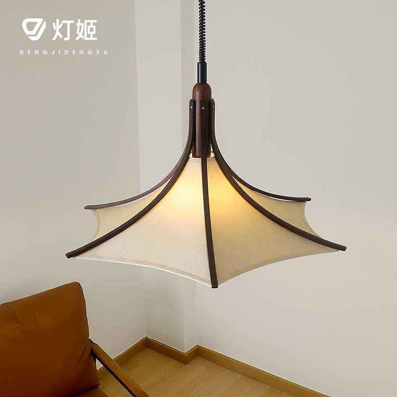 中古升降餐厅实木吊灯复古侘寂风可调节伸缩餐桌木质布艺灯casagd