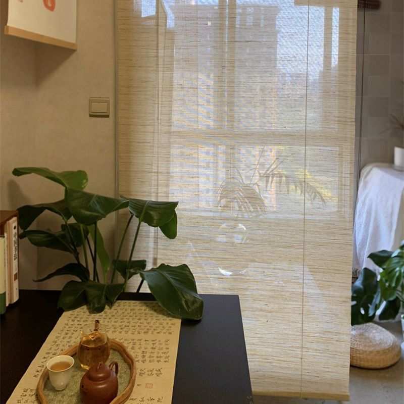 帘子免打孔卷拉升降窗帘客厅玄关屏风隔断帘苎麻布艺纯色挂帘