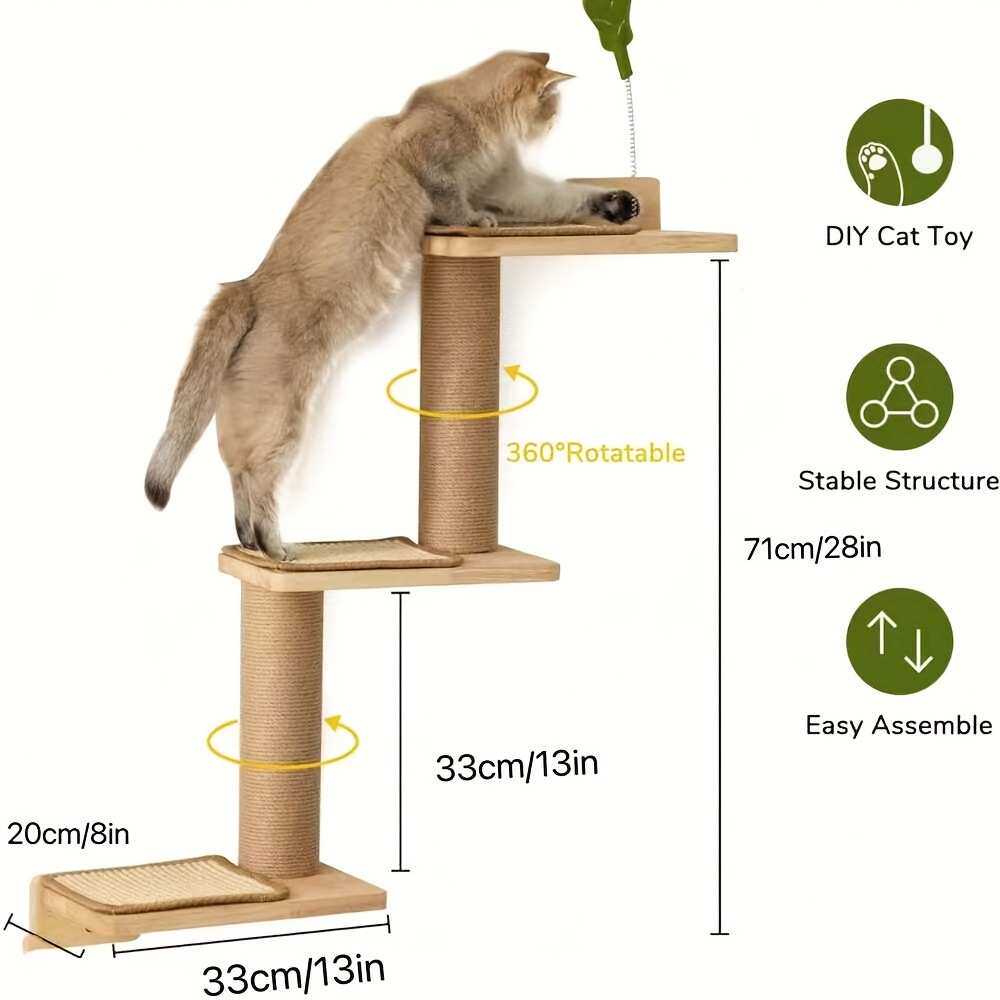 木制猫咪3层爬架壁挂式猫抓板宠物爬梯跳台栖息平台宠物攀爬架
