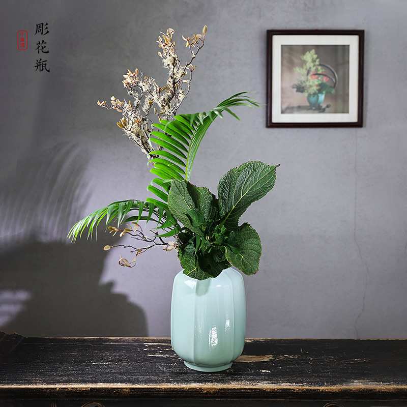 小原流縱筋彫花瓶陶瓷花器日式插花器皿花道青瓷投入瓶客厅摆件