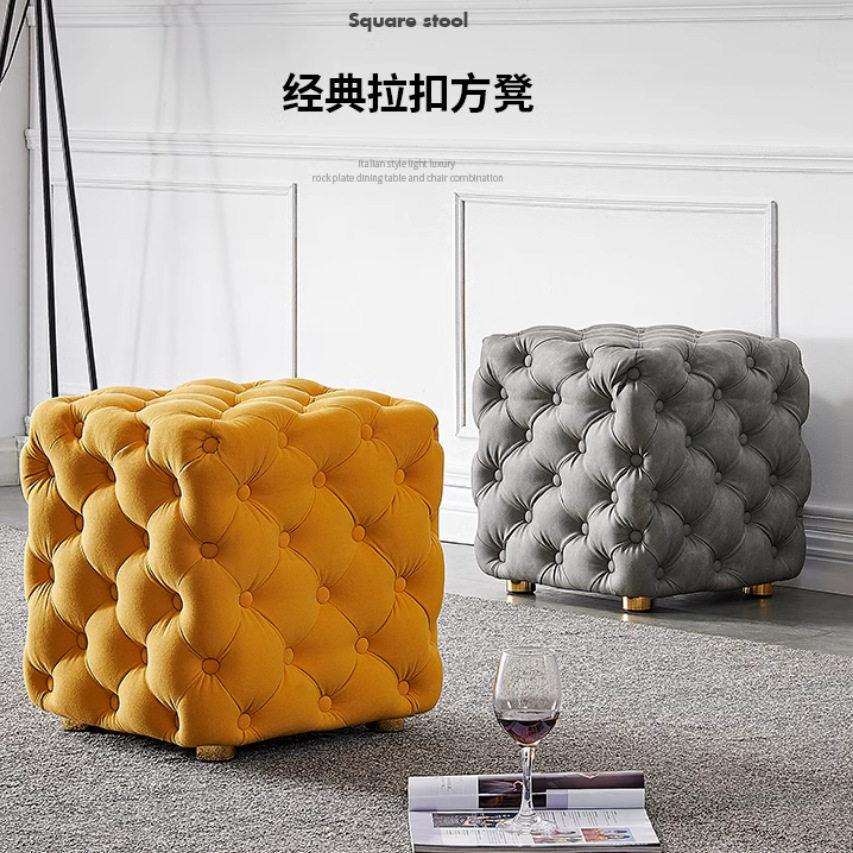 轻奢复古拉扣脚凳客厅布艺方凳北欧绒方凳子现家用茶几凳网红凳